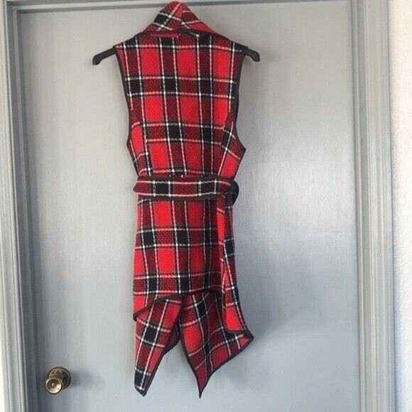 ETWO red Plaid Waterfall Front Wool Blend Vest Size Small Self Tie Shawl Collar - Picture 2 of 6